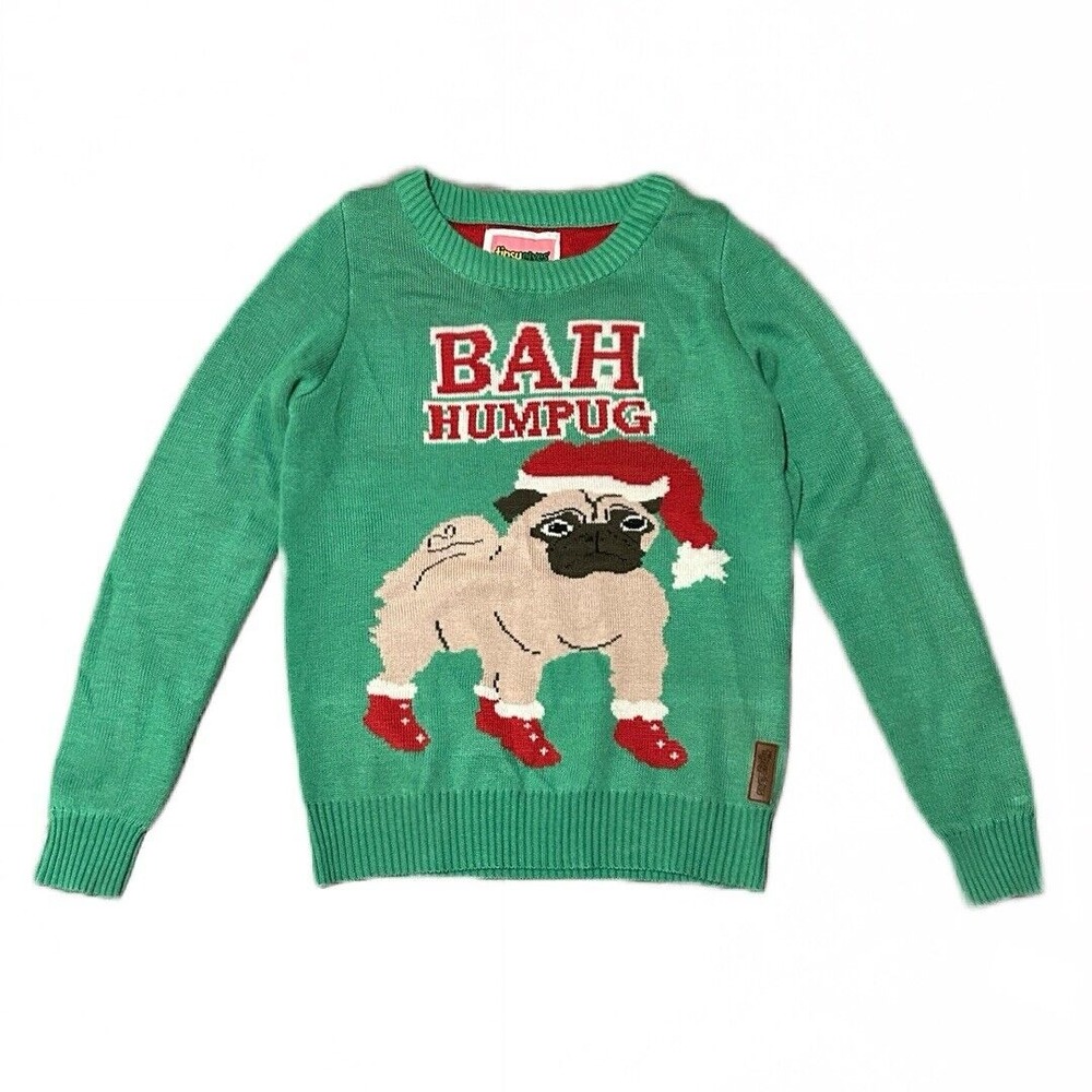 Tipsy Elves Bah Hum Pug Ugly Christmas Sweater Small Green Red Crew‎ Pullover
